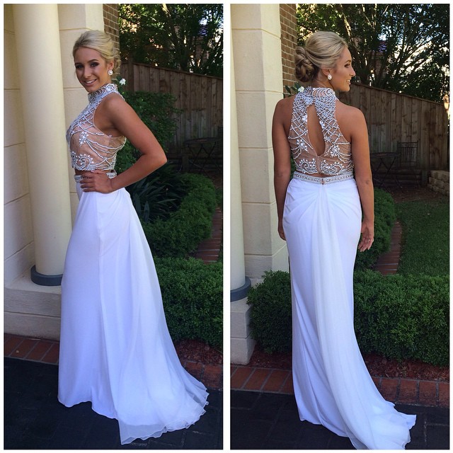 2016 Prom Dresses Sexy White Two 2 Pieces Mermaid Sheer Rhinestones Crystal Hollow Back Formal