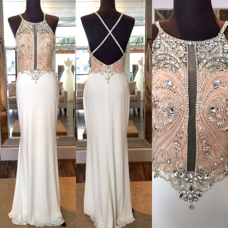 2016 Real Image Sexy Prom Dresses Halter Sheer Bodice Bling Luxury Sparkle Mermaid White Beads Rhinestones Crystals Backlesslong Formal Evening