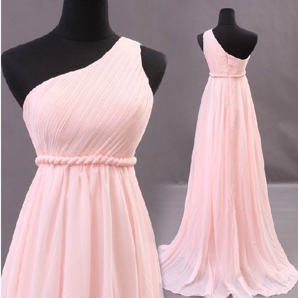 2015 Real Iamge Bridesmaid Dresses A-line Light Pink One Shoulder Chiffon Long Formal Dress Gowns