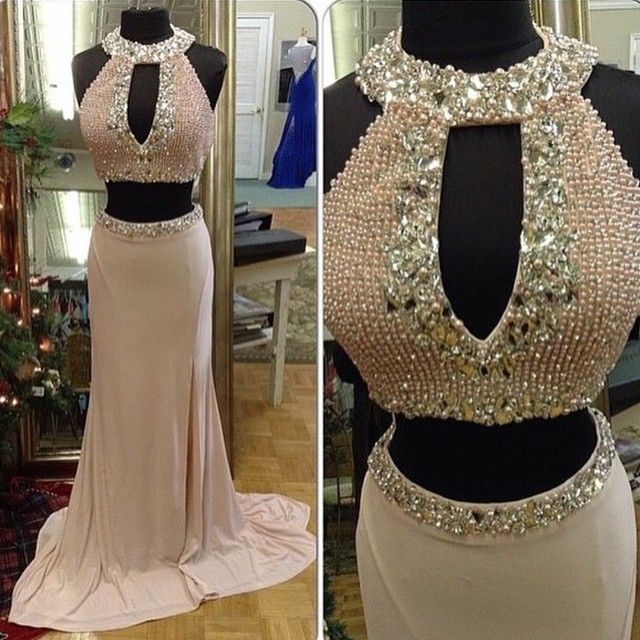 2015 Real Iamge Picture Luxury Bling Sparkle Evening Dresses Two 2 Pieces Crew Pearls Rhinestones Beads Satin Long Formal Prom Party Gowns