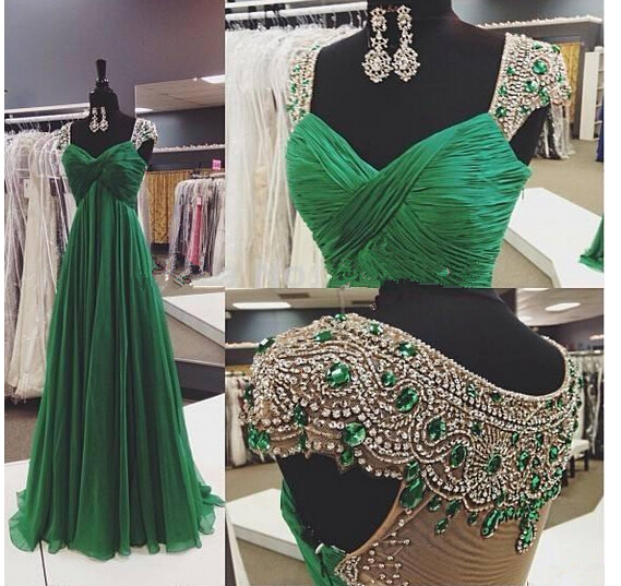 2016 Real Image Evening Dresses A-line Emerald Green Sweetheart Cap Sleeves Ruched Rhinestones Beads Sheer Back Chiffon Long Formal Prom Party