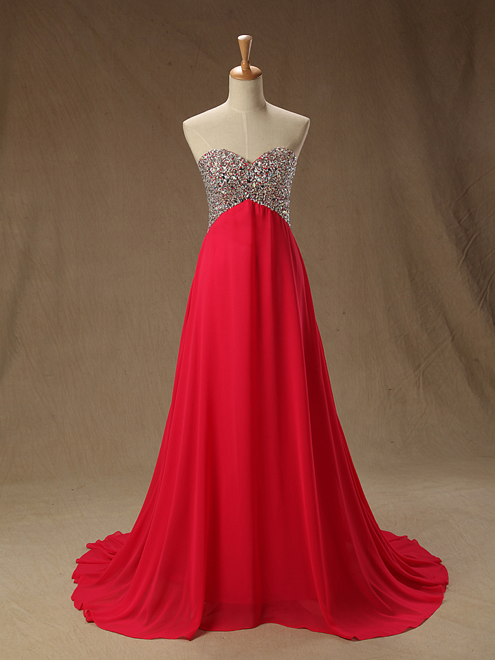 2016 Real Image Prom Dress A-line Red Sweetheart Beads Rhinestones Chiffon Long Formal Evening Party Gowns Vestidos