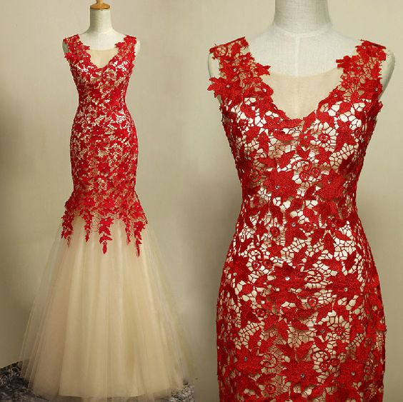 Lace, Mermaid, Sleeveless Prom Dresses, 2016 Red, With Zipper, Floor Length, Evening Gowns