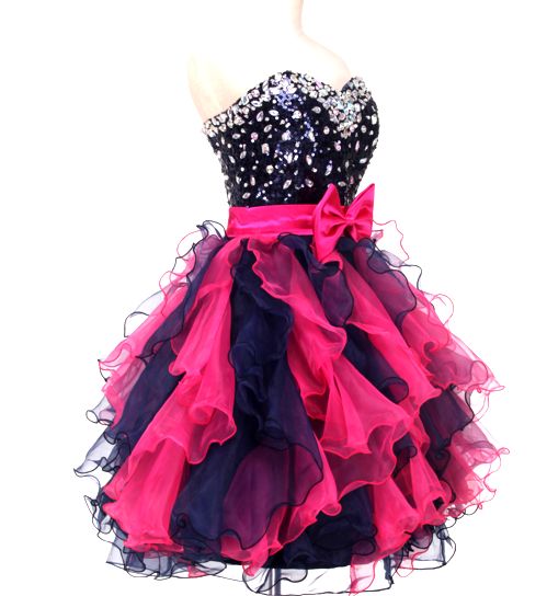 Short, Red & Black, Frills Women's Dress, Bridesmaids Prom Party, Beading Crystals, Sweet
