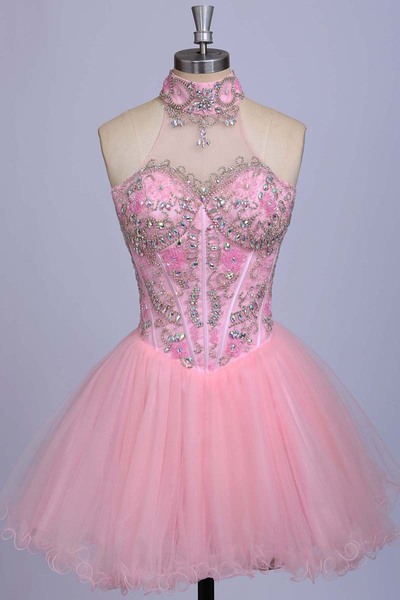 A-line Pink Homecoming Dresses,beaded Prom Dresses,sexy Halter Homecoming Dresses,tulle Evening Dresses