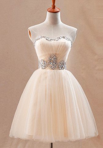 Lovely Champagne Homecoming Dress,flare Ball Gown Prom Dress, Mini Tulle Homecoming Dress,crystals Beaded Lady Dress