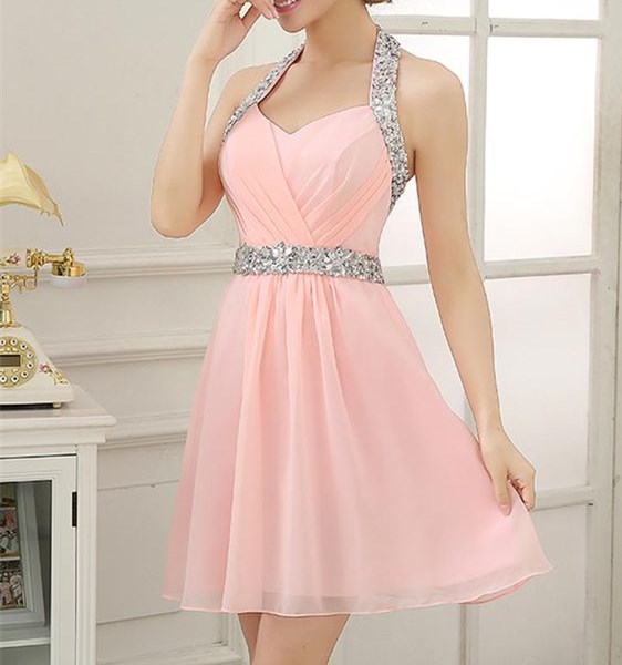 Cute Pink Homecoming Dress, Short Halter Prom Dress,beaded Chiffon Prom Dress,sweetheart And Backless Cocktail Dress,party Dress