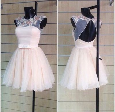 2016 Backless Homecoming Dress, Pale Pink Homecoming Dress,sexy Homecoming Dress, Beautiful Flowers Short Prom Dress, Tulle Short Homecoming