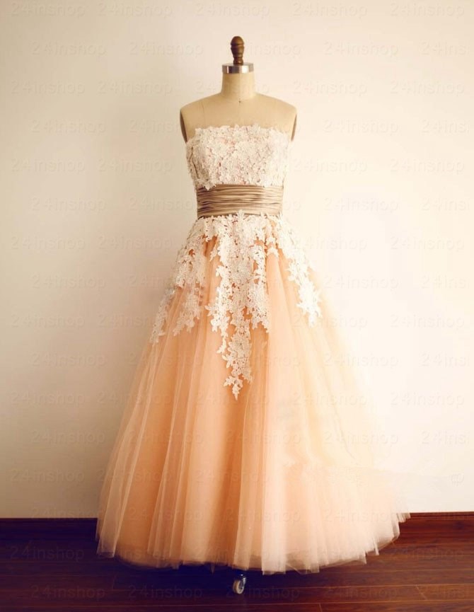 2016 Custom Peach Lace Homecoming Dress, A-line Prom Dress, Strapless Evening Dress,long Prom Dress