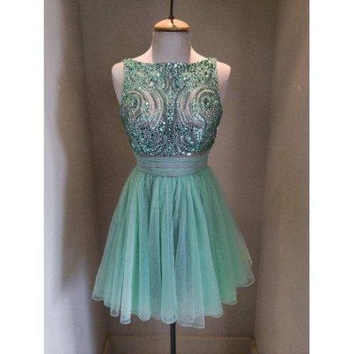 2016 Green Tulle Homecoming Dresses, Rhinestone Prom Dresses, Beading Party Dresses, Cute Prom Dresses, Short Homecoming Dresses