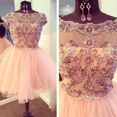 2016 Dusty Pink Homecoming Dress, Sexy Open Back Prom Dress, Lace Party Dress, Tulle Mini Dress,flowers Evening Dress