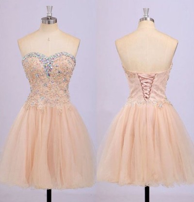 2016 Champagne Lace Homecoming Dresses, Sexy Sweetheart Prom Dresses, Beading Homecoming Dresses, Lace Up Back Homecoming Dresses, Custom Prom