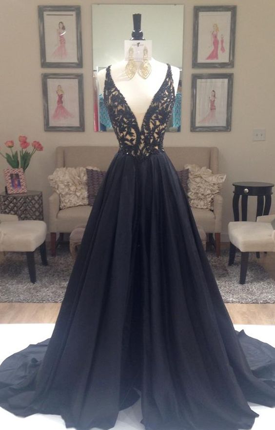 Pretty Black Chiffon Lace Long Prom Dress 2016 For Teens, Unique Cute Long Backless Evening Dress,black Evening Dresses, Black Party Dresses