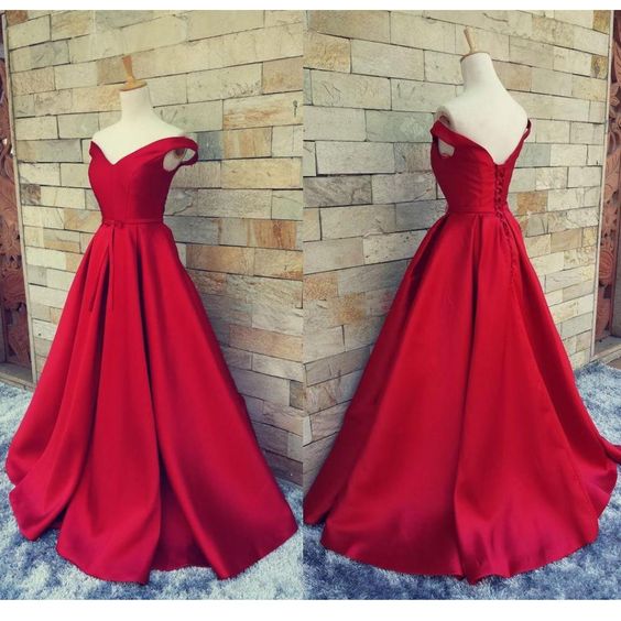 2016 Simple Red Prom Dresses V Neck Off The Shoulder Satin Custom Made Backless Corset Evening Gowns Formal Dresses Real Image-in Evening Dresses