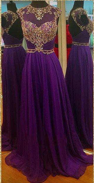 2016 Long Purple Prom Dresses, Beaded Backless Prom Dress, Purple Chiffon Prom Dress