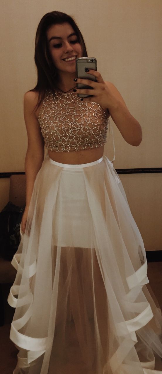 2 Piece Prom Dresses, White Prom Dress,Halter Prom Dress