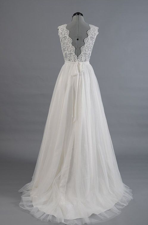 Princess A Line V Neck Empire Waist White Lace Wedding Dresses,Custom ...