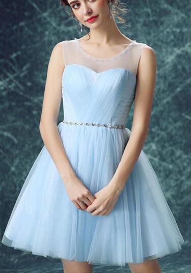 Cute Short Light Blue Scoop Perspective Straps Knee-length Tulle Homecoming Dress Bridesmaid Dress