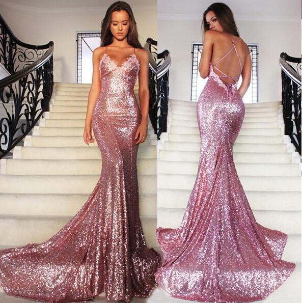 Charming Sequins Pink Prom Dress,sexy Spaghetti Straps V-neck Evening Dress,sexy Backless Prom Dress