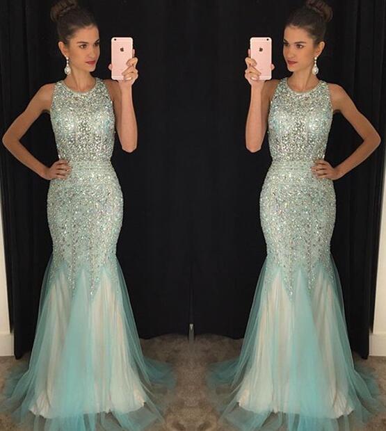 2016 Custom Charming Mermaid Beading Prom Dress, Sexy See Through Evening Dress, Sexy Open Back Prom Gown