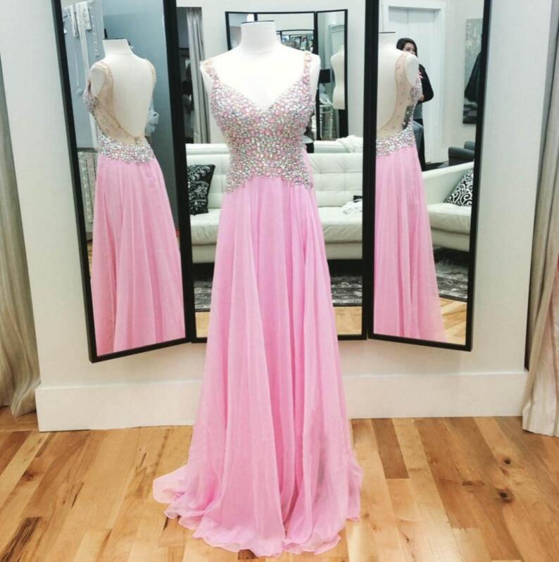Sexy Chiffon Pink Prom Dress,spaghetti Straps Evening Dress,open Back Prom Dress