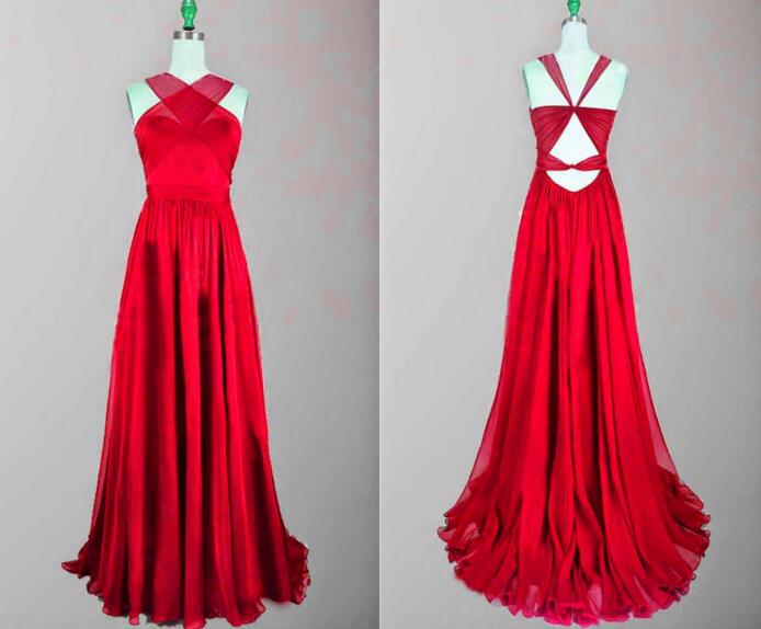 Charming Simple Red Chiffon Prom Dress,sexy Sleeveless Halter Evening Dress,sexy Backless Prom Dress