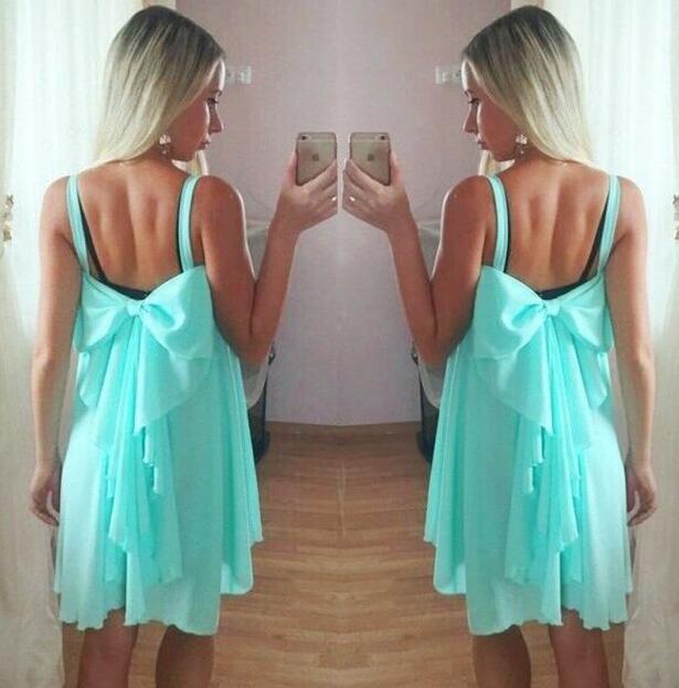 Mint Green Shoulder Straps Short A-Line Dress Featuring Bow Accent Back 