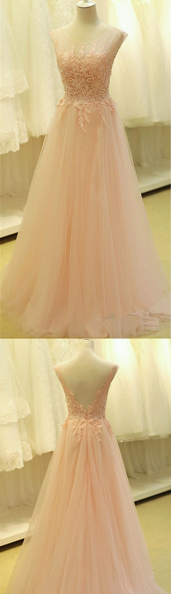 2016 Custom Charming Blush Pink Tulle Chiffon Prom Dress,see Through Sleeveless Evening Dress,lace Applique Sexy Backless Prom Dress