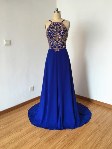2016 Custom Charming Royal Blue Beading Prom Dress,sexy Spaghetti Straps Evening Dress,sexy Backless Prom Dress