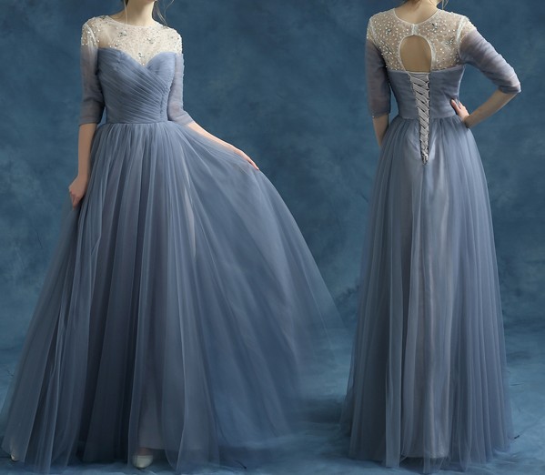 Grey Blue Evening Dress Fashion Backless Beading A-line Long Prom Dress The Bride Elegant Formal Dress