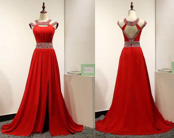 Charming Red Mermaid Prom Dress,chiffon Long Prom Dress,beading Evening Formal Gown