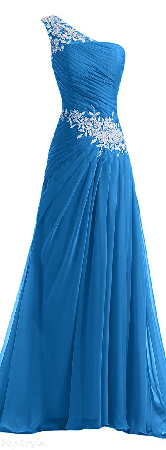 2016 Custom Charming Blue Chiffon Prom Dress,sexy One Shoulder Evening Dress,long Beading Prom Dress