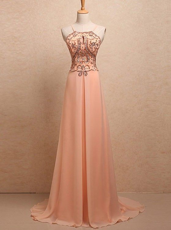 Simple Dress A-line Spaghetti Straps Key-hole Beading Long Chiffon 2015 Prom Dresses/evening Dresses
