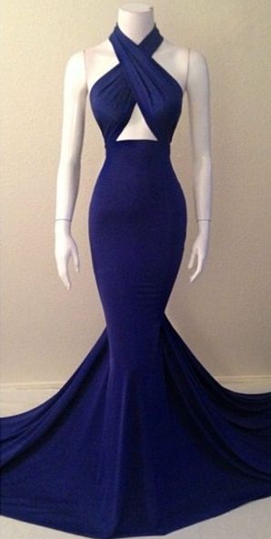 2016 Blue Halter Neck Mermaid Evening Gowns Sexy Simple Long Prom Dresses