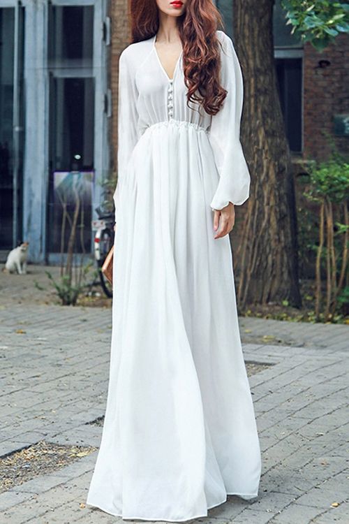 long white casual dress with sleeves