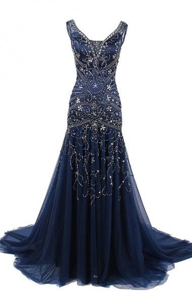 2016 Custom Navy Blue Prom Dress Sexy Sleeveless Beading Long Prom