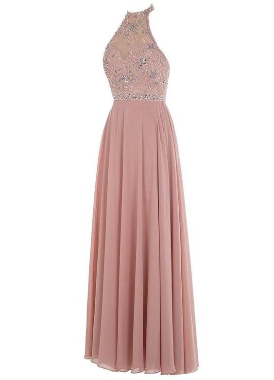 2016 Custom Charming Pink Beading Prom Dress,halter Sleeveless Evening Dress