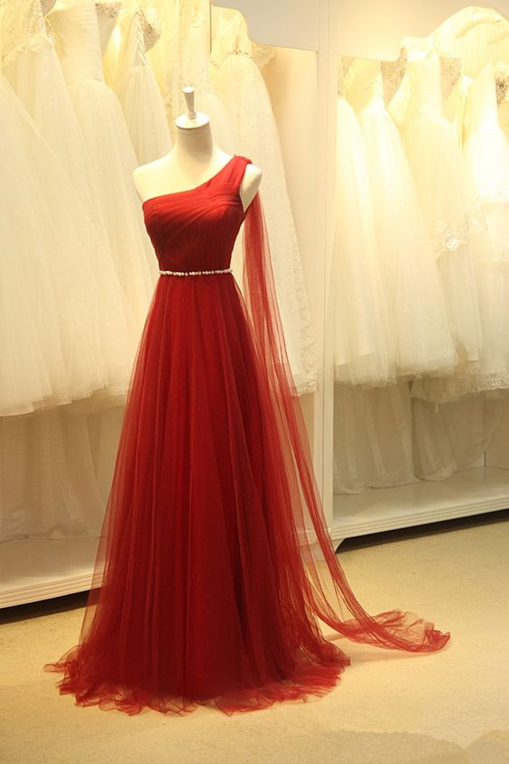Pretty Tulle One Shoulder Prom Dress, Wine Red Long Simple Prom Dresses ...