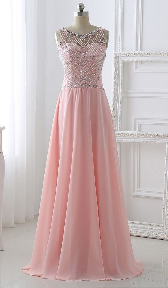 Pretty Long Prom Dresses,pink Chiffon Beading Prom Dresses,simple A-line Prom Dresses,evening Dresses,prom Dress 2016
