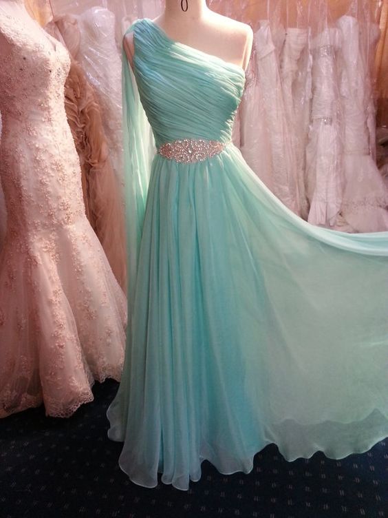 2016 Custom Charming Light Blue Chiffon Prom Dress,sexy One Shoulder Evening Dress,beading Prom Dress