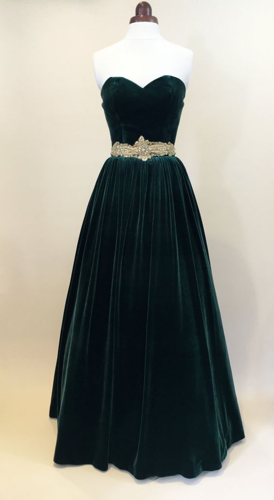 Green Prom Dress, Ball Gown, Evening Gown, Party Dress, Long Dress, Velvet Dress, Strapless Dress, Vintage Style Dress