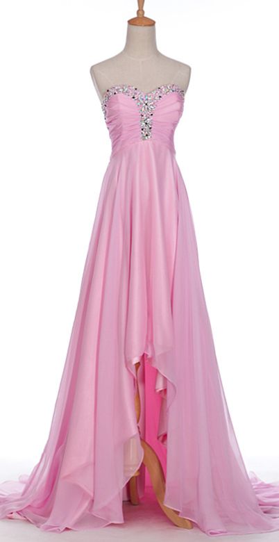 Lovely Pink Long Chiffon Sweetheart Party Dress, Pink Pearls Prom Dress
