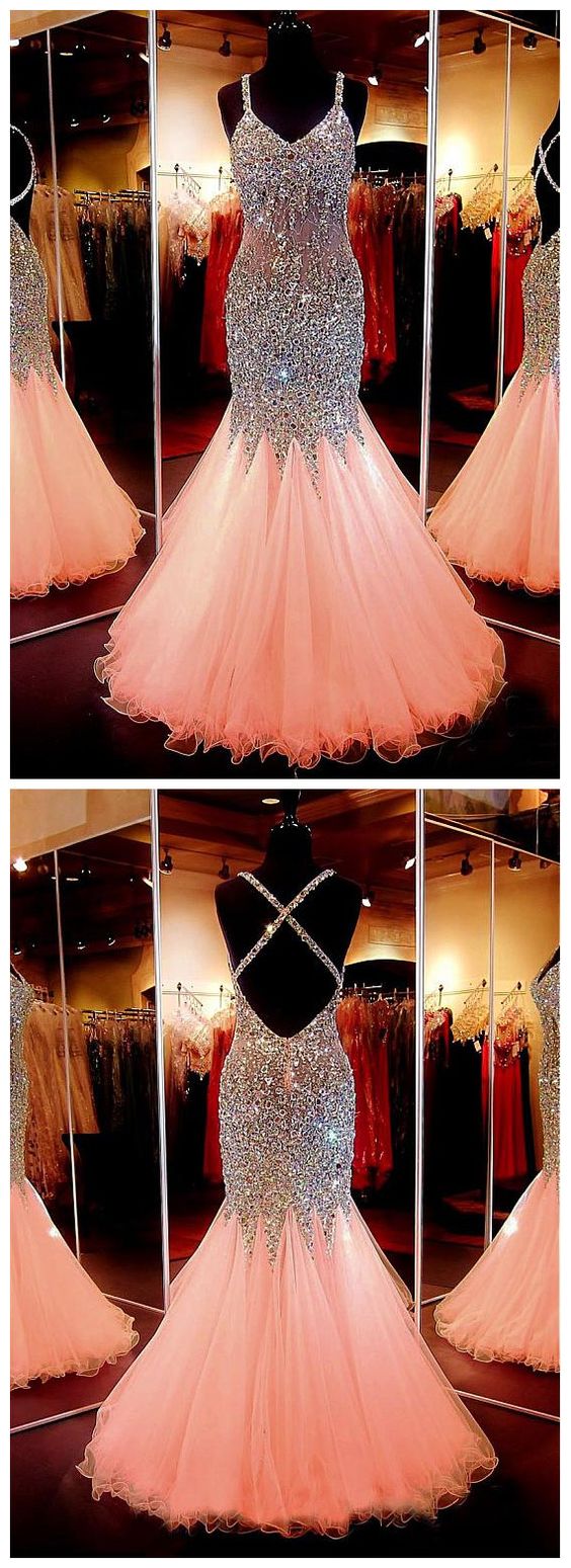 Spaghetti Strap Tulle With Beaded Sparkly Mermaid Prom Dress,long Prom Dress