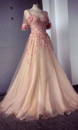 2015 Appliques And Tulle Prom Dresses, Floor-length Prom Dresses, Sexy Prom Dresses, Half Sleeve Prom Dresses, Charming Evening Dresses