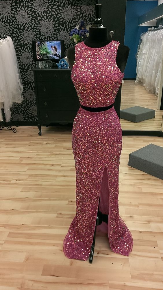 2016 Custom Charming Two Pieces Prom Dress,full Sequins Evening Dress,sexy Slit Prom Dress