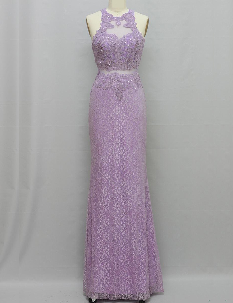 Elegant Floor-length Sheath Lilac Lace Homecoming Dress With Appliques Beading Open Back