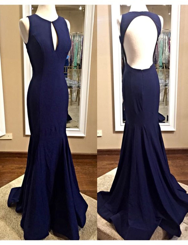 Fashion Scoop Navy Blue Backless Mermaid Evening Gown With Back Hole