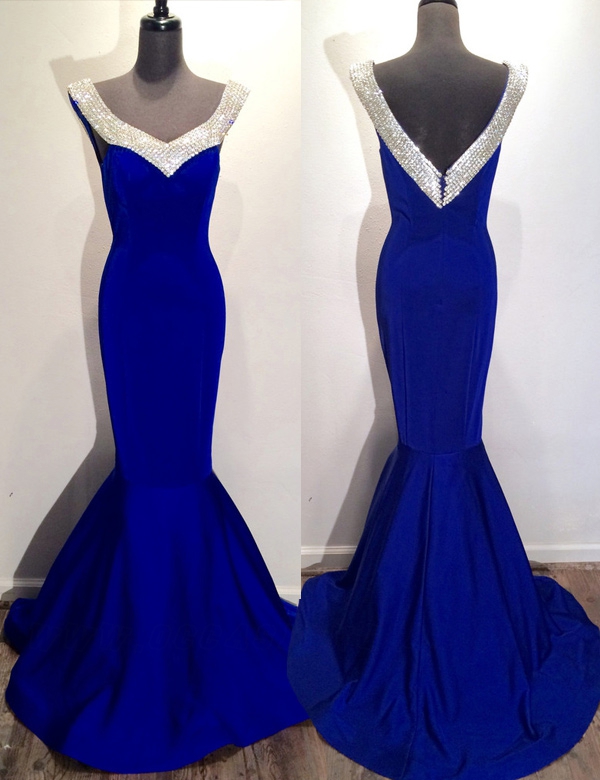 2016 Custom Charming Royal Blue Prom Dress, Sexy Sleeveless Evening Dress,shining Beading Prom Dress