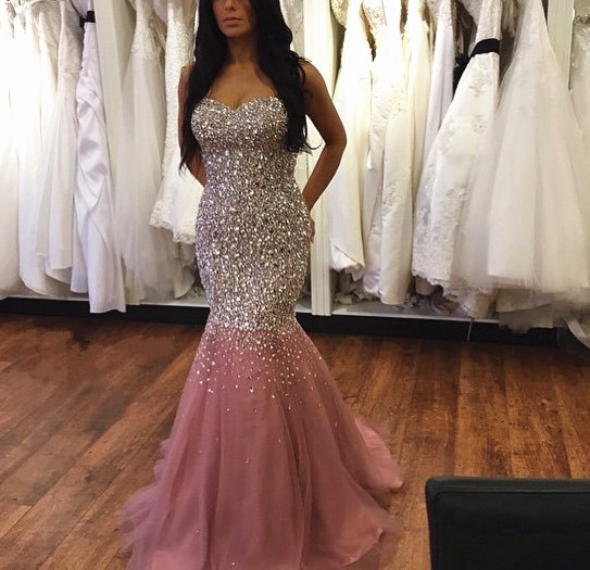2016 Custom Charming Pink Tulle Prom Dress,shining Beading Evening Dress,sexy Sweetheart Prom Dress