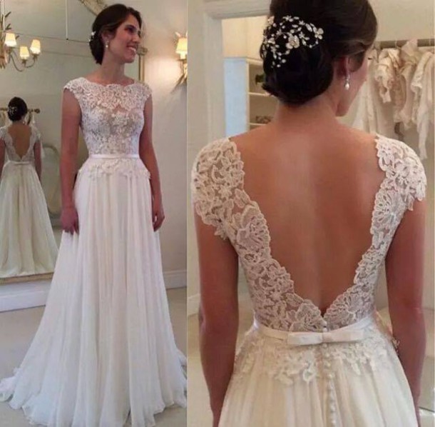 Lace Appliques Bateau Neck Cap Sleeves Floor Length Chiffon A-line Wedding Dress Featuring Plunge V Back
